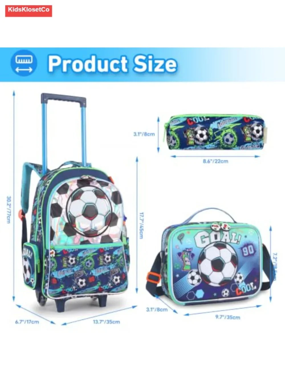 3-in-1 Kids Rolling Backpack Set with Lunch Bag, Soccer Theme, Wheels,
